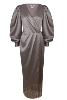 Платье "Сибара" бежевое (шоколад), атлас (шелк), с бахромой