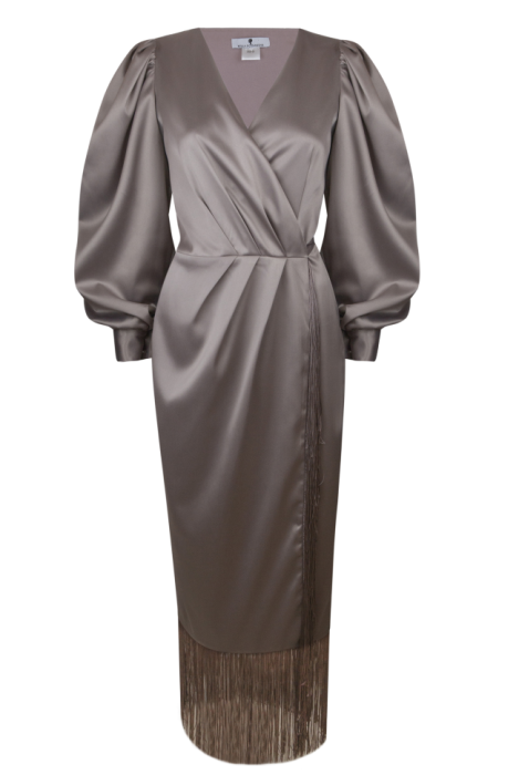 Платье "Сибара" бежевое (шоколад), атлас (шелк), с бахромой