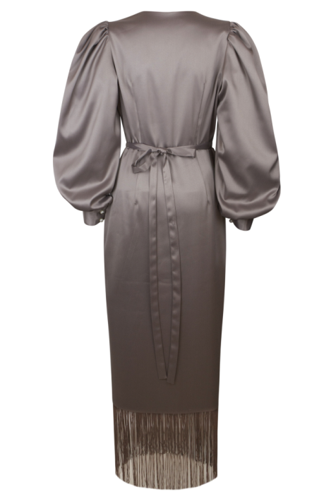 Платье "Сибара" бежевое (шоколад), атлас (шелк), с бахромой