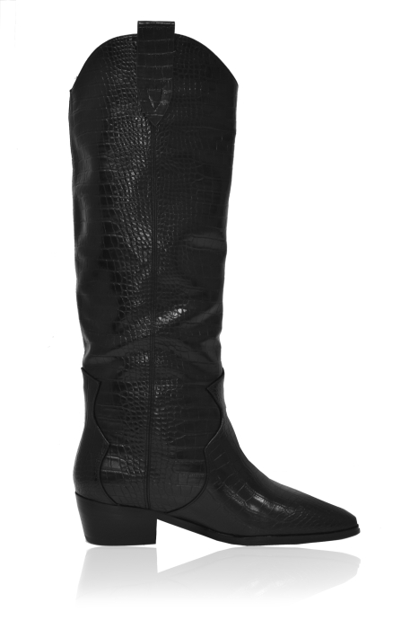 Сапоги "казаки" черные, имитация кожи крокодила