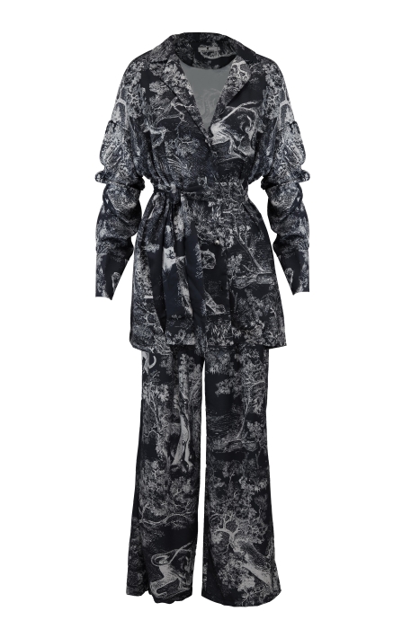 Костюм - пижама "Паскаль" молочный, черный принт "прованс", с поясом