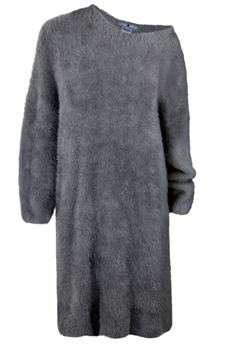 Платье "Амадея" серое (графит), миди, ангора, с брошью, пушистое