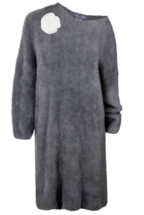 Платье "Амадея" серое (графит), миди, ангора, с брошью, пушистое