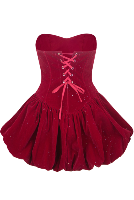 Платье-пачка "Пьеретт" бордо, красное, бархат, декорированное блестками, корсетное, мини