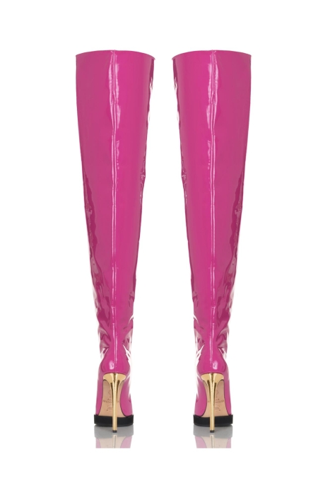 Ботфорты шпилька лак розовые, каблук золотистый
