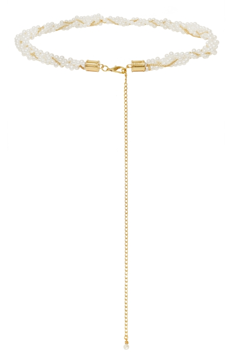 Пояс (ремень) "жемчуг" молочный, "косичка", с золотистой цепочкой