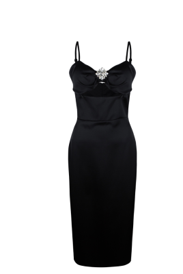 Платье "Бернар", миди, чёрное, атлас, футляр, с брошью, фигурный бюст