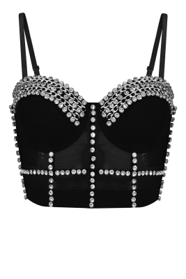 Топ - корсет "Бенита" черный, с серебристыми цепочками и стразами - камнями