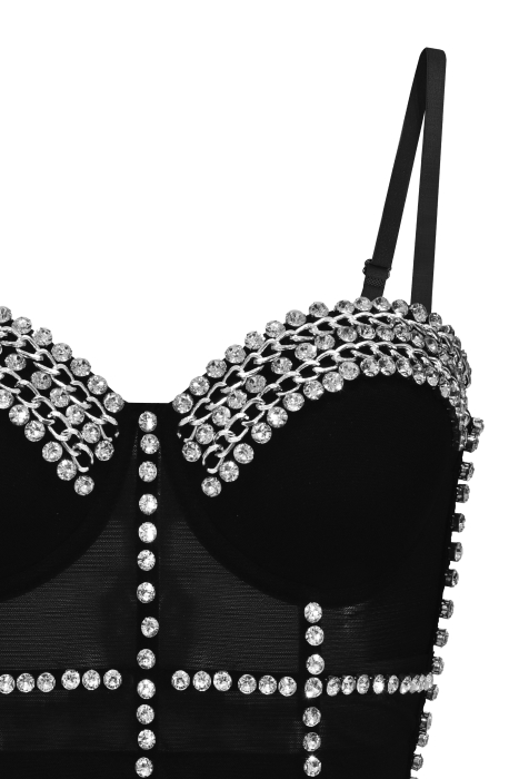 Топ - корсет "Бенита" черный, с серебристыми цепочками и стразами - камнями