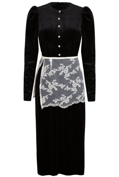 Платье "Морфи" черное, бархат, с баской из кружева, миди