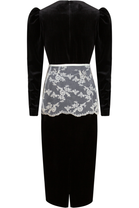 Платье "Морфи" черное, бархат, с баской из кружева, миди