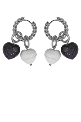 Серьги - трансформеры с сердечками из белого кахолонга и черного авантюрина, серебристые