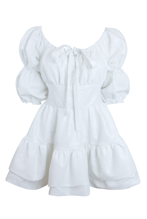 Платье "Барби" молочное, пайетки, с воланами по юбке, мини