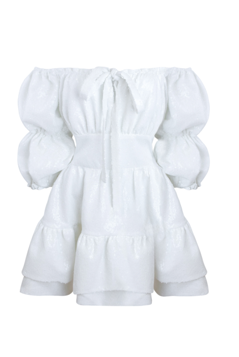 Платье "Барби" молочное, пайетки, с воланами по юбке, мини