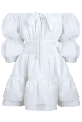 Платье "Барби" молочное, пайетки, с воланами по юбке, мини