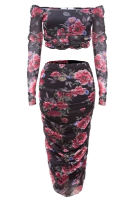 Костюм "Эрмэль" черный, принт цветы, блуза-топ + юбка миди, в сборку