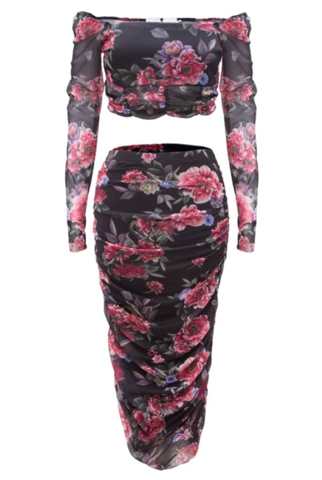 Костюм "Эрмэль" черный, принт цветы, блуза-топ + юбка миди, в сборку