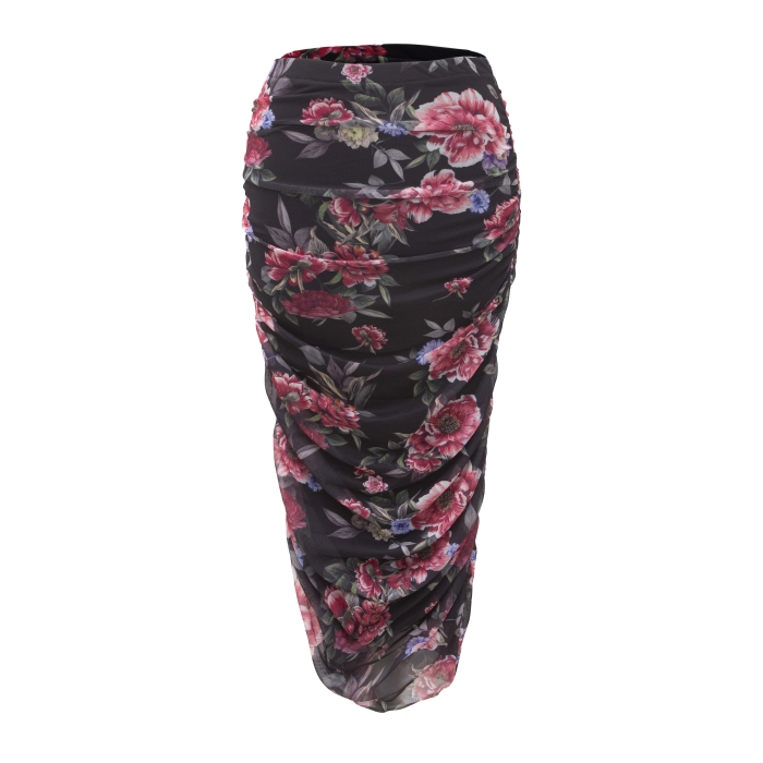 Костюм "Эрмэль" черный, принт цветы, блуза-топ + юбка миди, в сборку