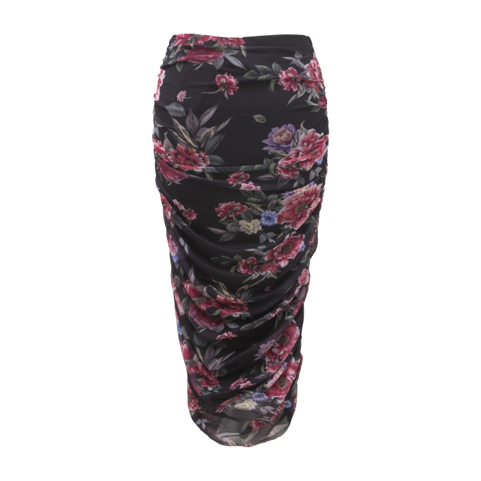 Костюм "Эрмэль" черный, принт цветы, блуза-топ + юбка миди, в сборку