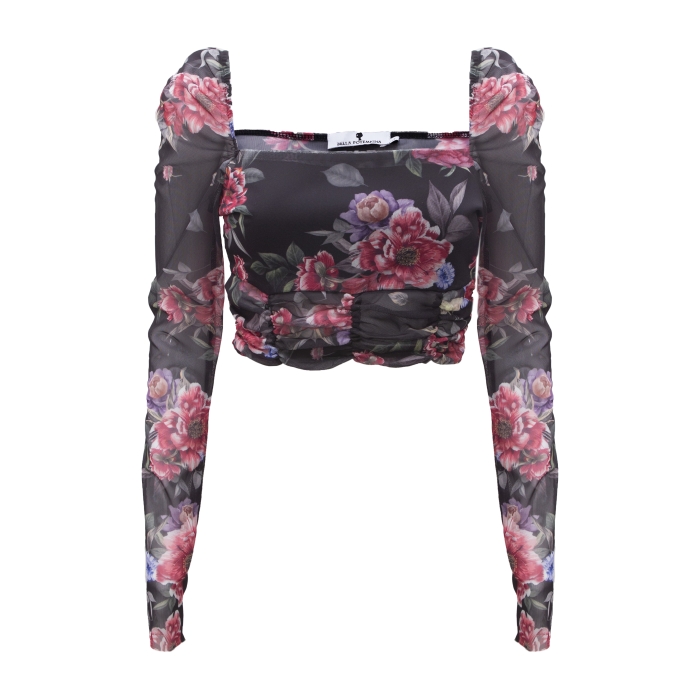 Костюм "Эрмэль" черный, принт цветы, блуза-топ + юбка миди, в сборку