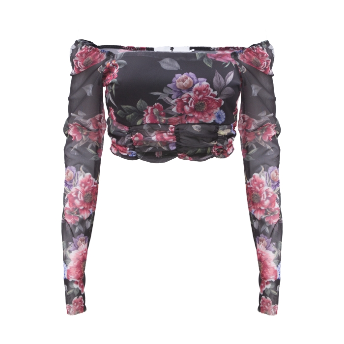 Костюм "Эрмэль" черный, принт цветы, блуза-топ + юбка миди, в сборку