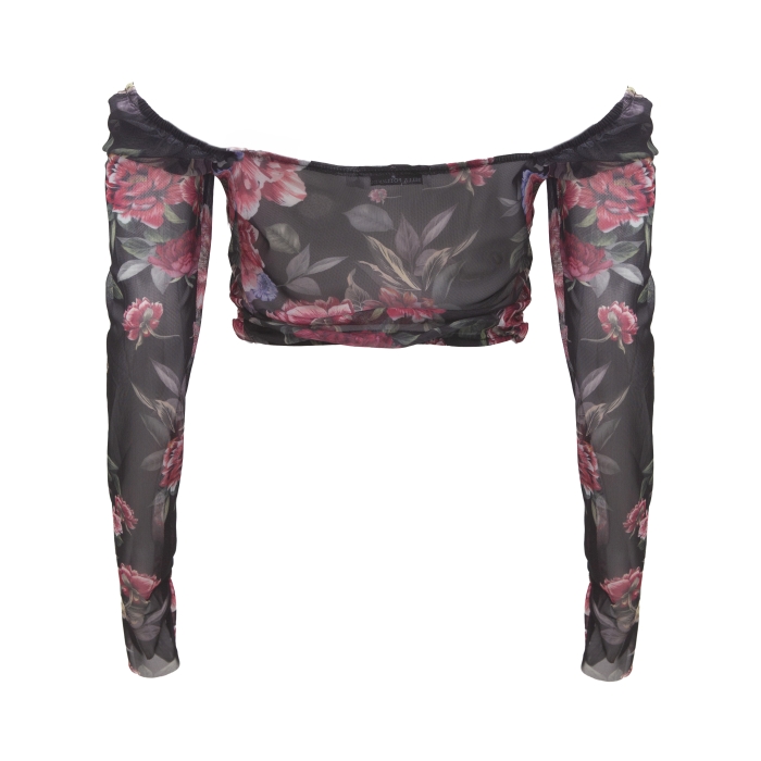 Костюм "Эрмэль" черный, принт цветы, блуза-топ + юбка миди, в сборку