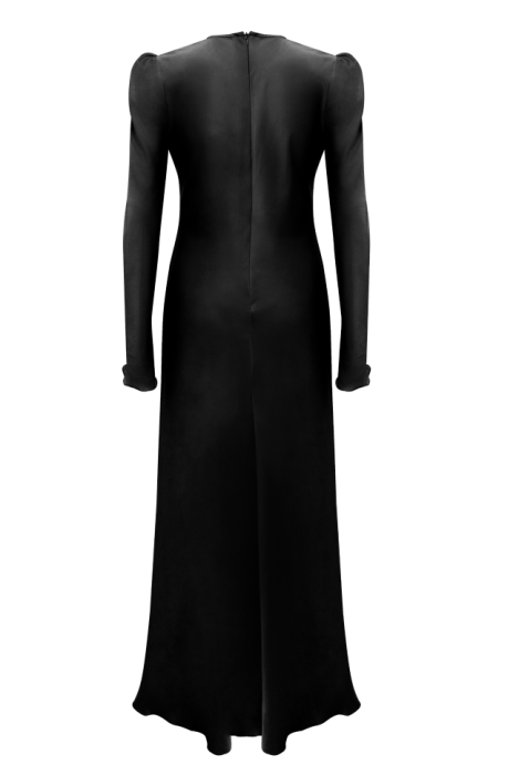 Платье "Гарнет" черное, атлас (шелк), макси + брошь "Камелия"