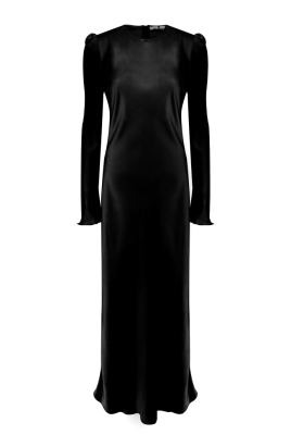 Платье "Гарнет" черное, атлас (шелк), макси + брошь "Камелия"