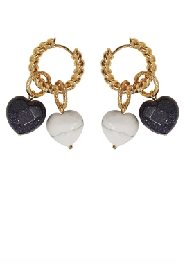 Серьги - трансформеры с сердечками из черного авантюрина и белого кахолонга золотистые