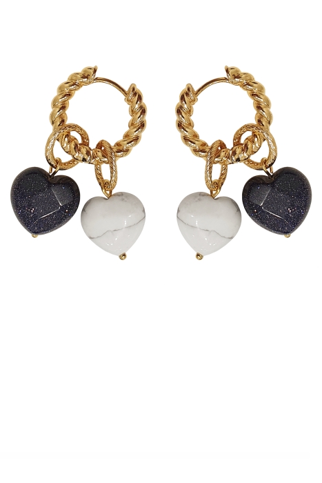 Серьги - трансформеры с сердечками из черного авантюрина и белого кахолонга золотистые