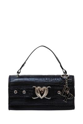 Сумка "Кайа" черная, с сердцем, эко-кожа, имитация кожи крокодила