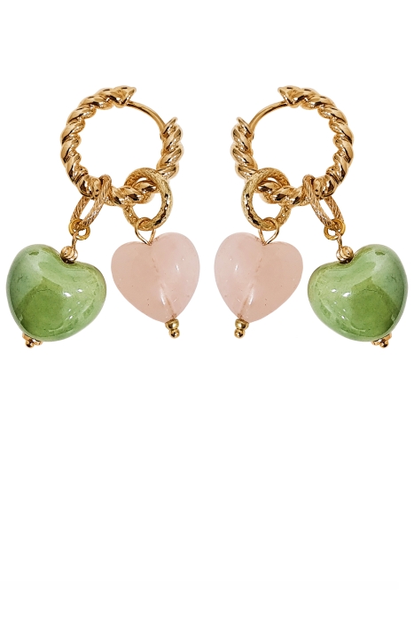 Серьги - трансформеры с сердечками из розового кварца и зеленой эмали золотистые