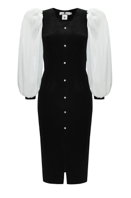 Платье "Анель" черное, бархат, белые рукава из органзы