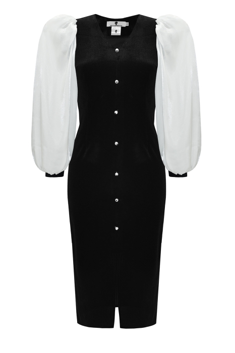 Платье "Анель" черное, бархат, белые рукава из органзы