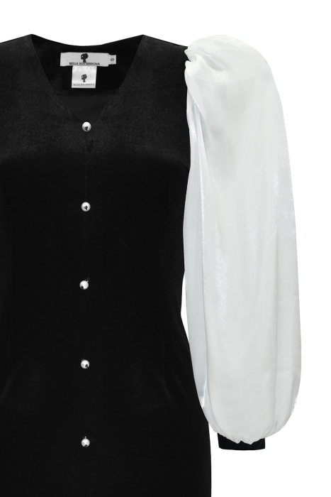 Платье "Анель" черное, бархат, белые рукава из органзы