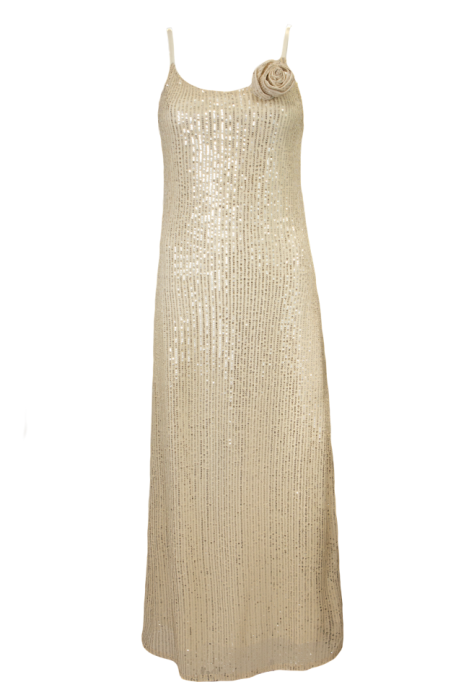 Платье - комбинация "Эйвон" бежевая, серебристые пайетки, макси