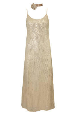 Платье - комбинация "Эйвон" бежевая, серебристые пайетки, макси