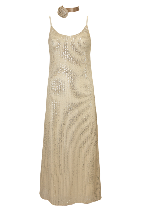 Платье - комбинация "Эйвон" бежевая, серебристые пайетки, макси