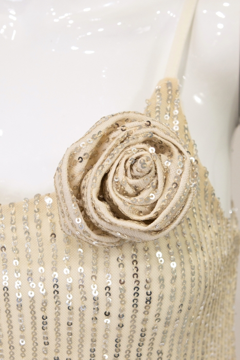 Платье - комбинация "Эйвон" бежевая, серебристые пайетки, макси