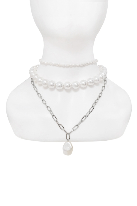 Чокер (колье) "Эрика" серебристое, с жемчугом двух видов (3 нити)