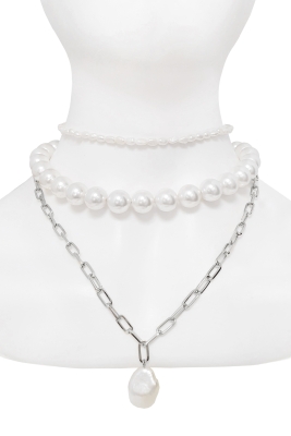 Чокер (колье) "Эрика" серебристое, с жемчугом двух видов (3 нити)