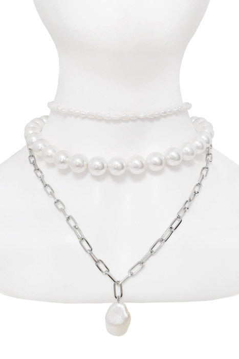 Чокер (колье) "Эрика" серебристое, с жемчугом двух видов (3 нити)