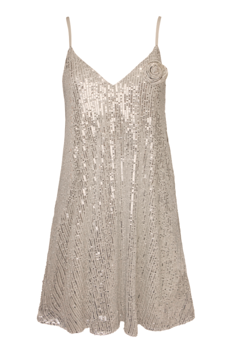 Платье - комбинация "Лилу" бежевая, серебристые пайетки, мини