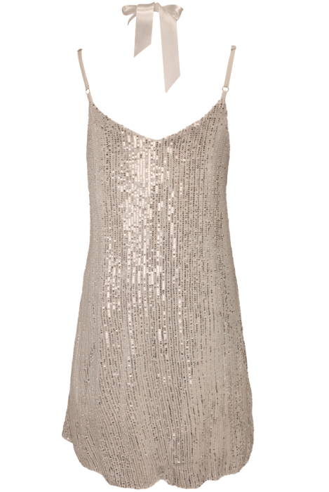 Платье - комбинация "Лилу" бежевая, серебристые пайетки, мини