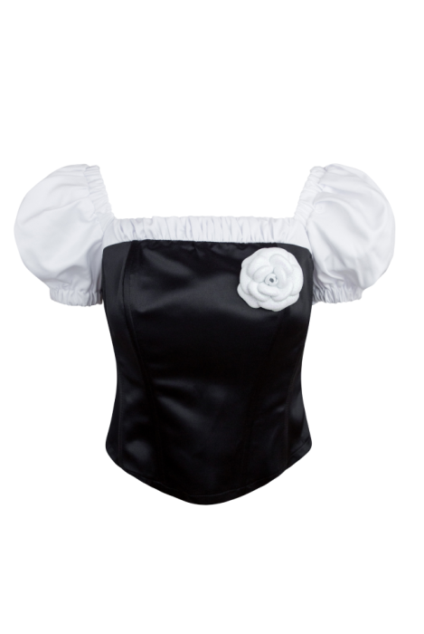 Топ - корсет "Мишель" черная, белая вставка по декольте, рукава фонарики + брошь глиттер