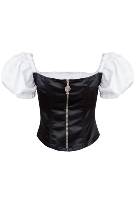 Топ - корсет "Мишель" черная, белая вставка по декольте, рукава фонарики + брошь глиттер