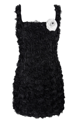 Платье-футляр "Жан-Монте" черное, по фигуре, коктейльное, шнуровка на спине, объемные розы, мини
