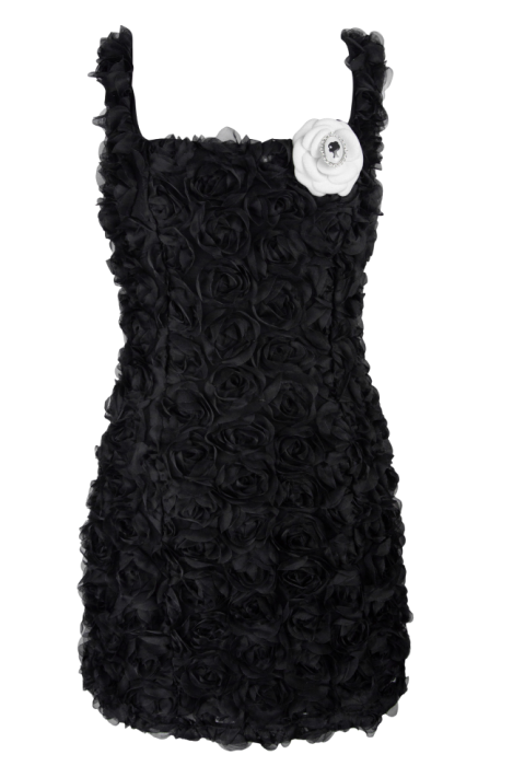 Платье-футляр "Жан-Монте" черное, по фигуре, коктейльное, шнуровка на спине, объемные розы, мини