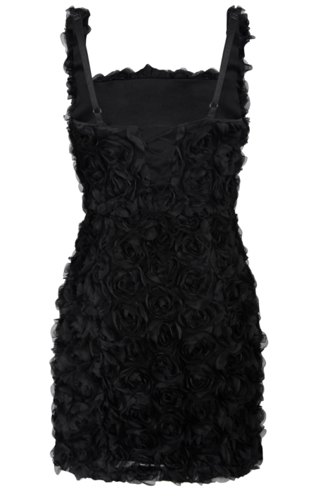 Платье-футляр "Жан-Монте" черное, по фигуре, коктейльное, шнуровка на спине, объемные розы, мини