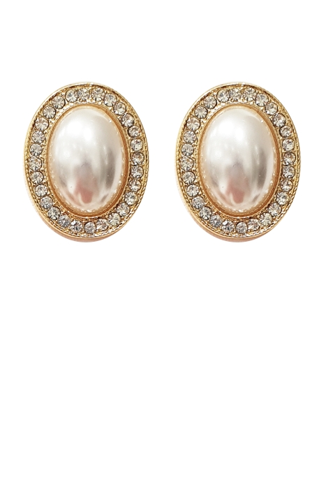 Серьги золотистые, в виде овала, со стразами и жемчугом
